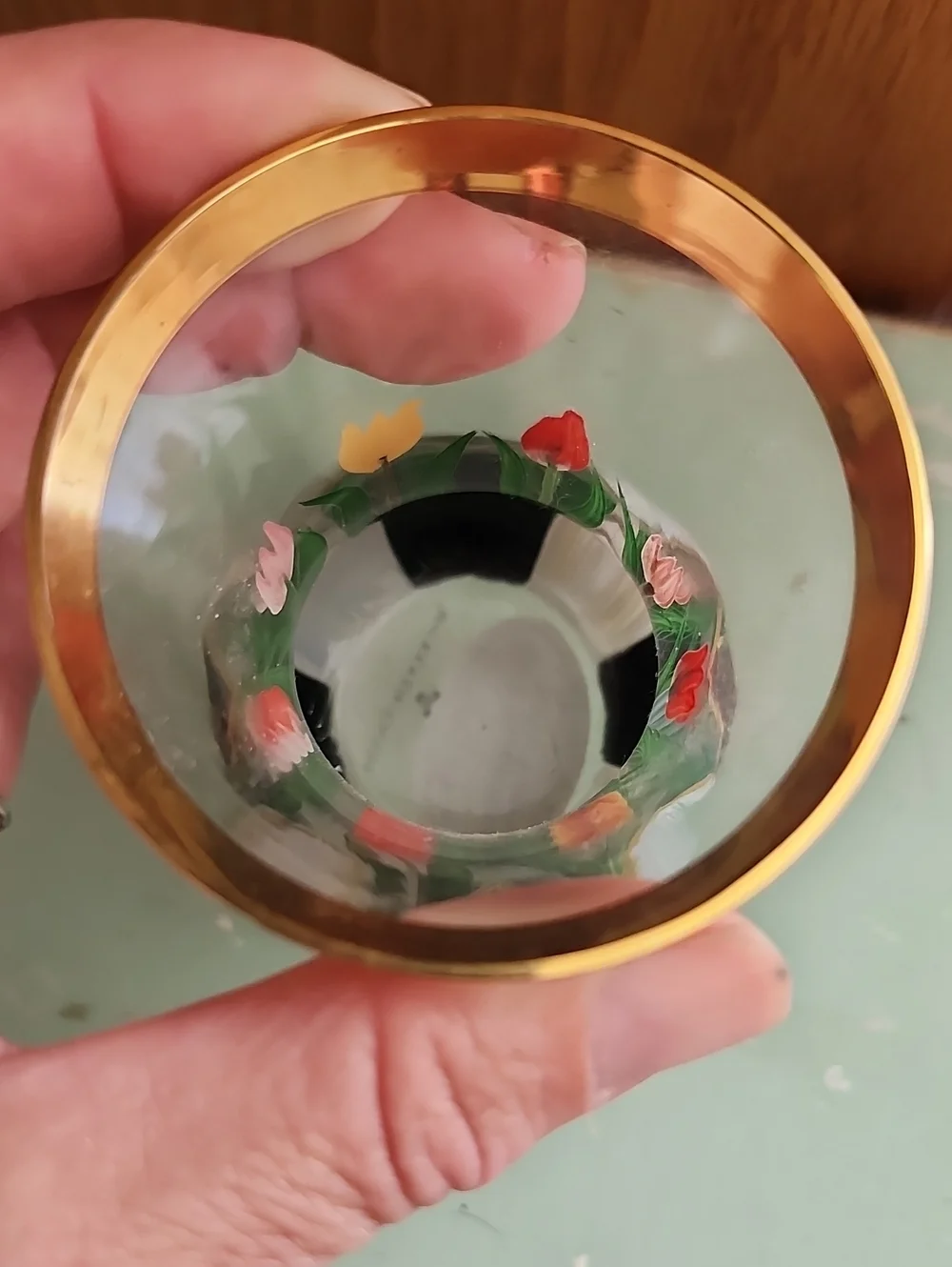 Mackenzie Childs Hand-Painted Tulip Tea Glass Vase with Gold Rim